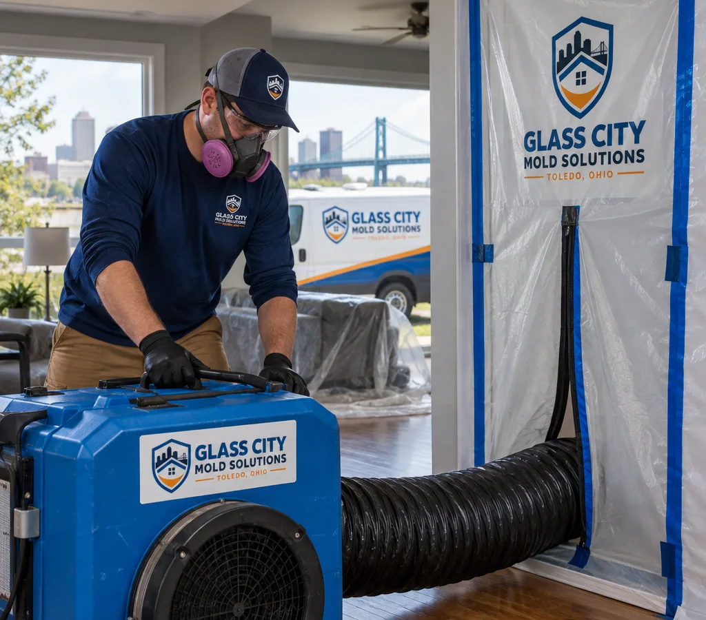 Certified technician setting up mold containment in a Toledo-area home
