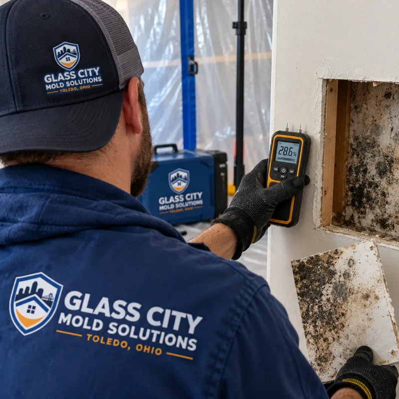 Moisture meter reading beside an inspection opening showing mold on removed drywall