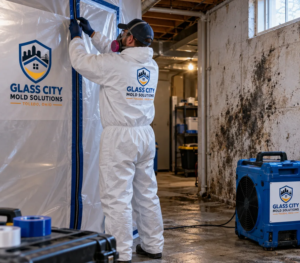 Technician in protective gear setting up mold containment with a HEPA air scrubber in a Toledo home