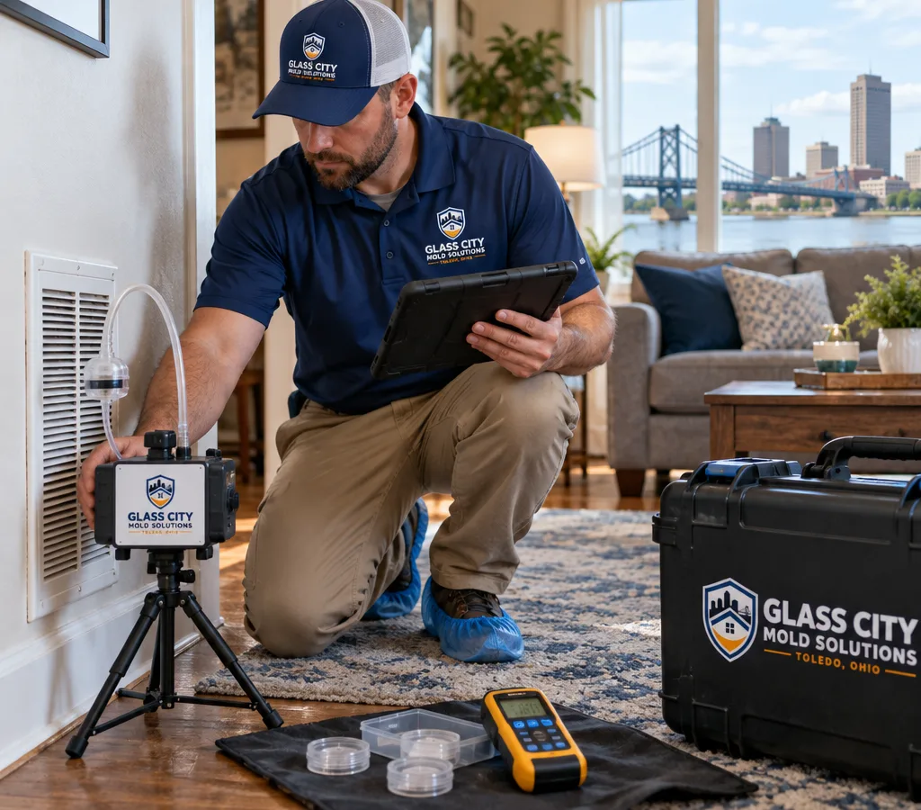 Inspector setting up an air sampling pump near a return vent while documenting conditions in a Toledo home