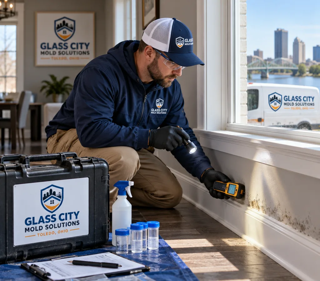 Inspector in protective equipment examining a Toledo-area home with a flashlight and moisture meter