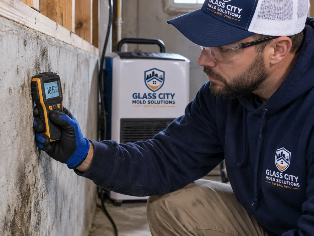 Inspector taking a moisture meter reading on a basement wall with a dehumidifier nearby