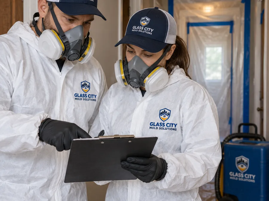 Two-person remediation team reviewing a written scope before containment work